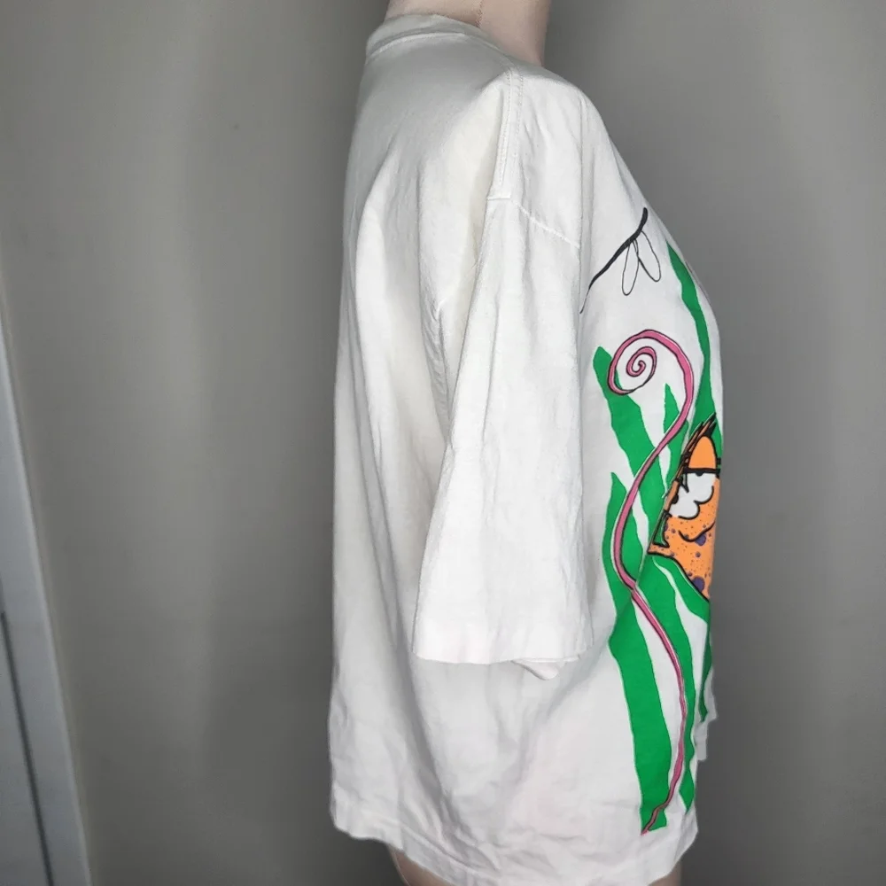 Vintage 90s White Cropped Graphic T-Shirt Green Reeds Orange Fish One Size - Picture 5 of 7